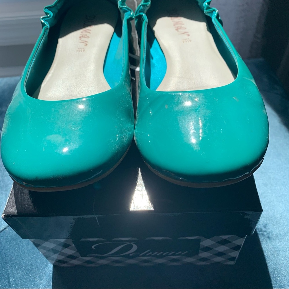 Delman turquoise patent leather 'Mona' flats